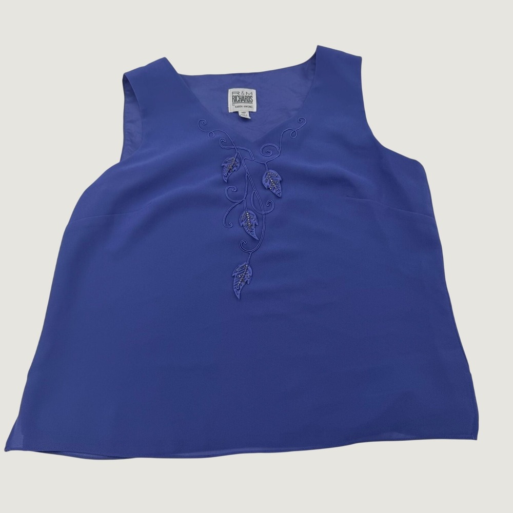 R&M Richards Karen Kwong Royal Blue Beaded Leaf Soutache Sleeveless Blouse 14P